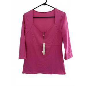 New Afibi Women's Blouse Medium Pink Cotton Polyester Top Shirt V Neck Zipper